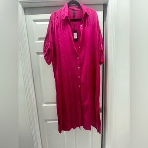 Fuchsia pink half sleeve button downn shirt dress silk